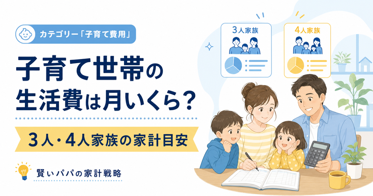 子育て世帯の生活費について3人家族と4人家族の家計目安を示すイラスト