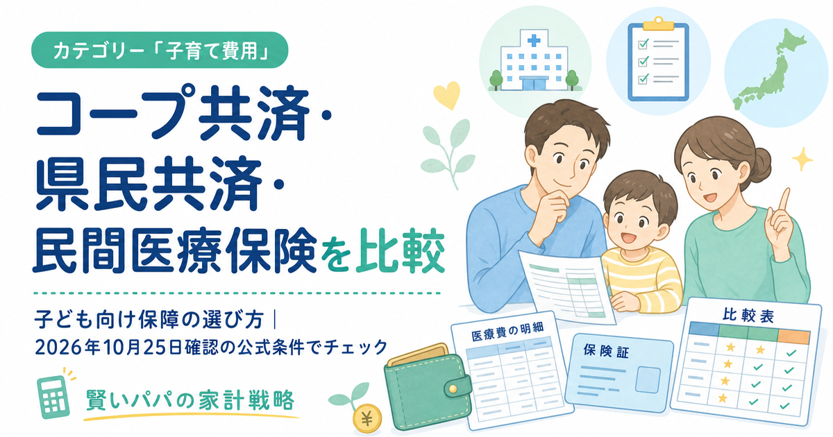 コープ共済・県民共済・民間医療保険を子ども向け保障として比較し、医療費助成や家計に合わせた選び方を示すアイキャッチ